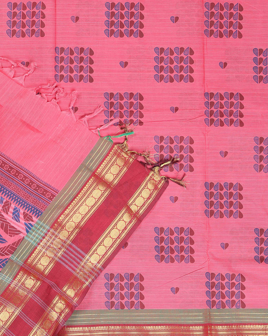 Traditional Handloom Cotton Saree with Geometric Weave - Pink