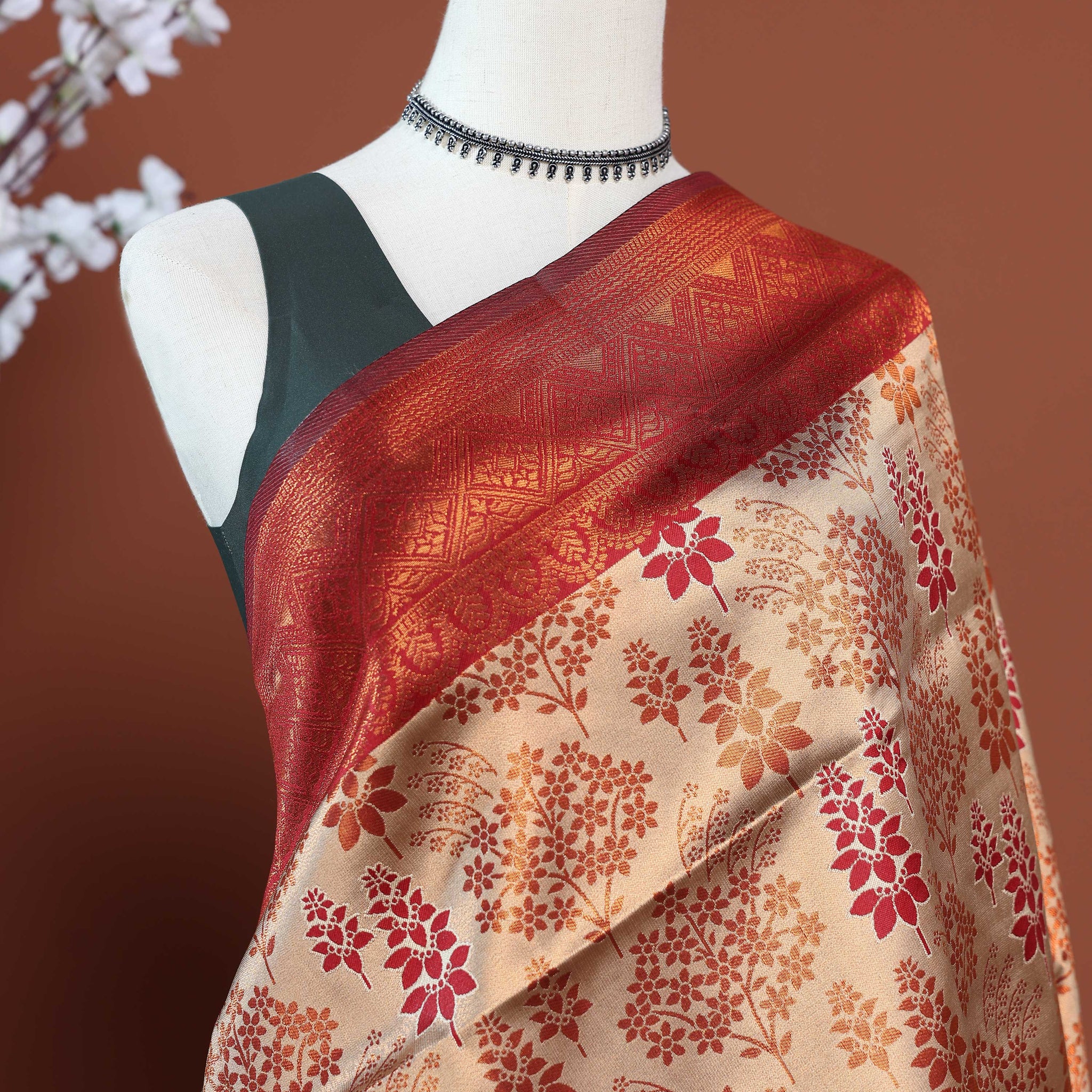 Litchi Silk Saree with Contrast Zari Border and Intricate Floral Butta Weave - Sandal