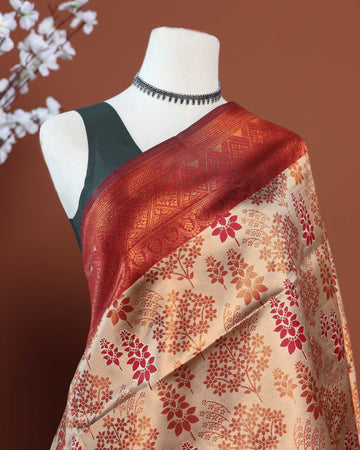 Litchi Silk Saree with Contrast Zari Border and Intricate Floral Butta Weave - Sandal