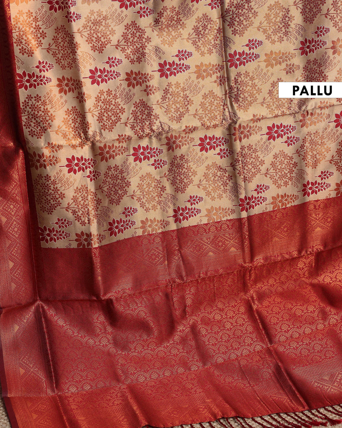 Litchi Silk Saree with Contrast Zari Border and Intricate Floral Butta Weave - Sandal