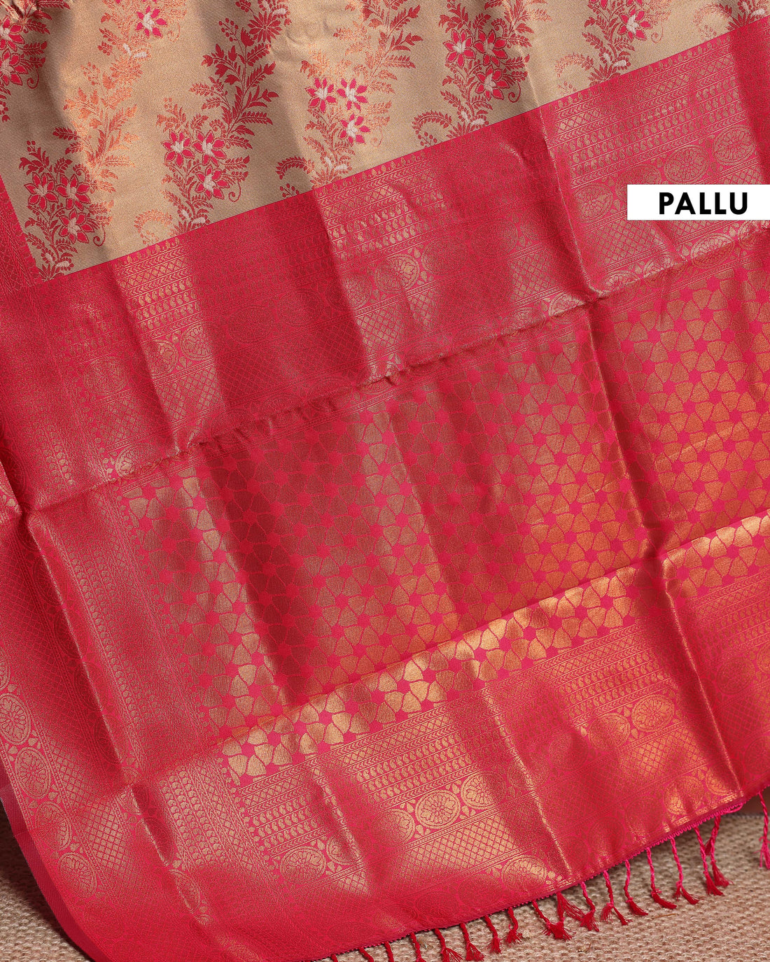 Exquisite Litchi Silk Saree with Contrast Broad Zari Border and All-Over Floral Brocade Weaving - Sandal
