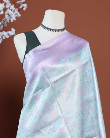 Soft Litchi Silk Saree with Delicate Floral Brocade Weaving and Lustrous Zari Border - Light Blue