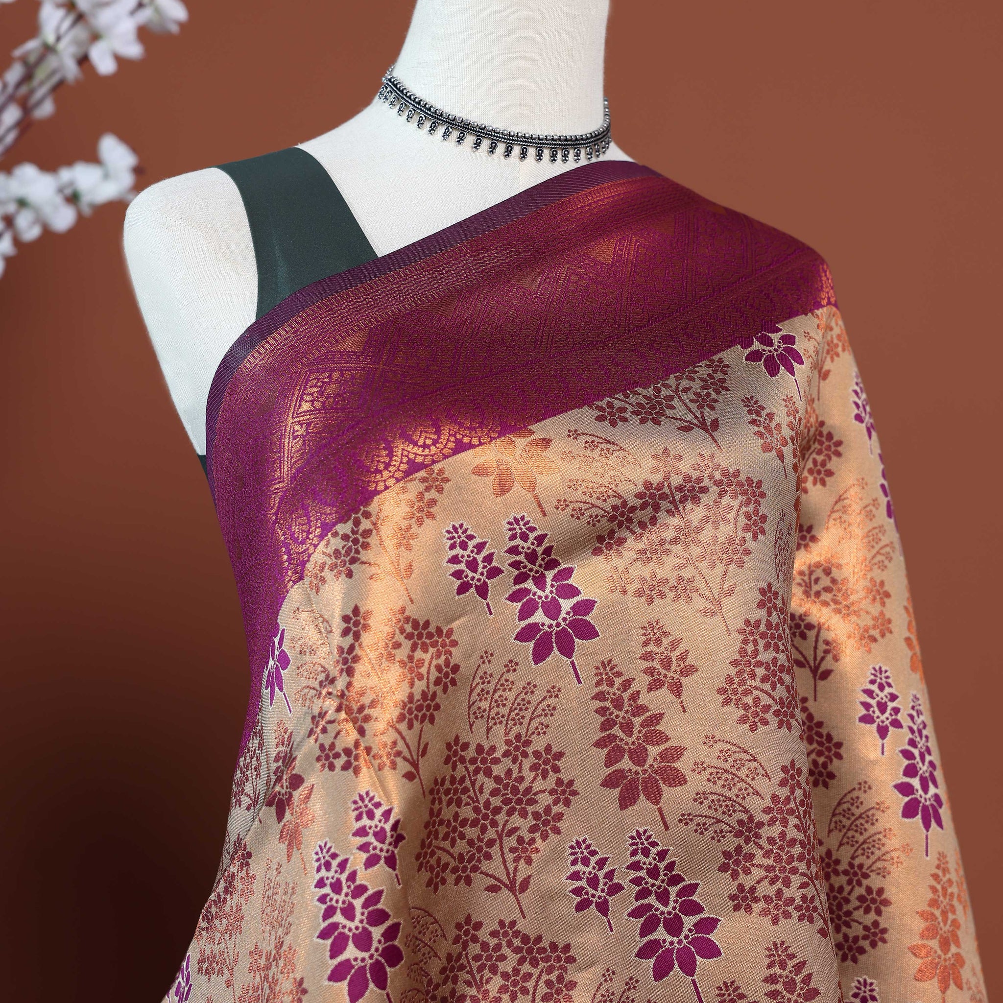 Litchi Silk Saree with Contrast Zari Border and Intricate Dual-Tone Floral Weaving - Sandal