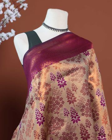 Litchi Silk Saree with Contrast Zari Border and Intricate Dual-Tone Floral Weaving - Sandal