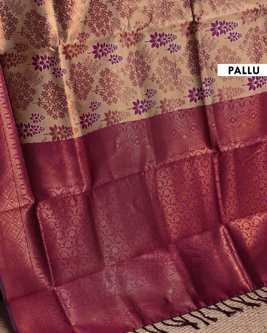 Litchi Silk Saree with Contrast Zari Border and Intricate Dual-Tone Floral Weaving - Sandal