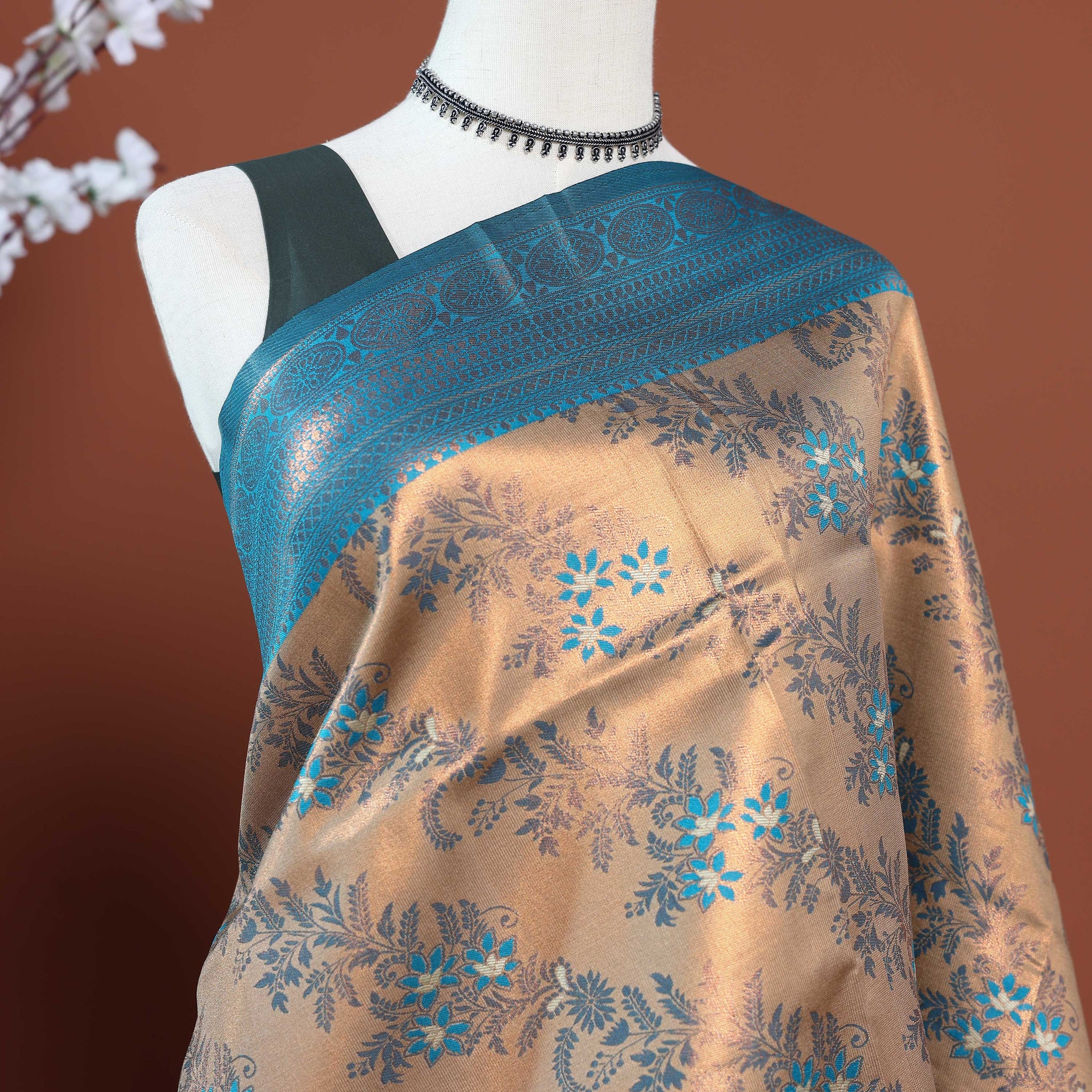 Classic Litchi Silk Saree with Bold Contrast Zari Border and Floral Brocade Detailing - Sandal