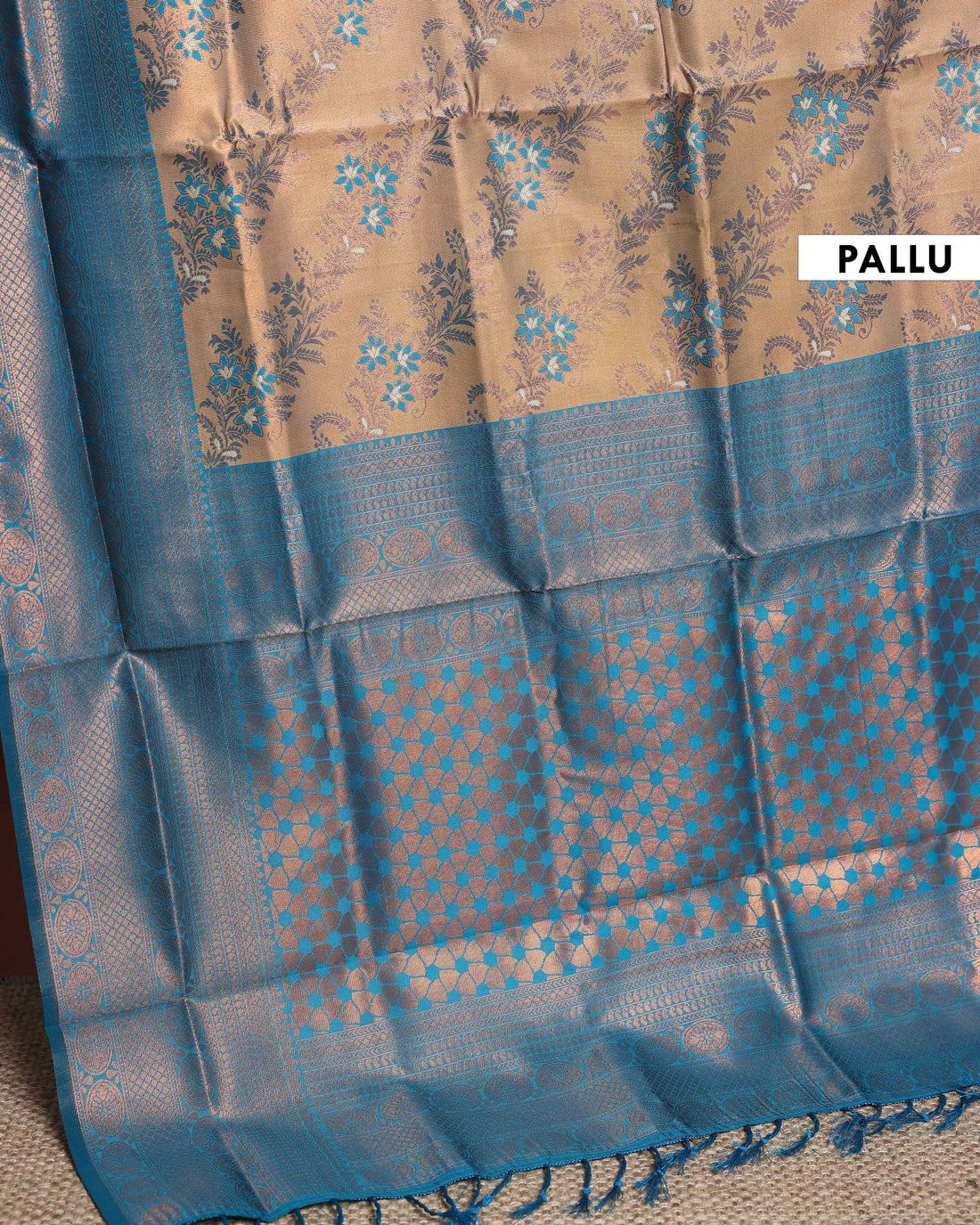 Classic Litchi Silk Saree with Bold Contrast Zari Border and Floral Brocade Detailing - Sandal