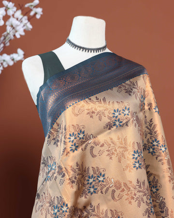 Exquisite Litchi Silk Saree with Intricate Zari Woven Floral Motifs and Rich Pallu - Sandal