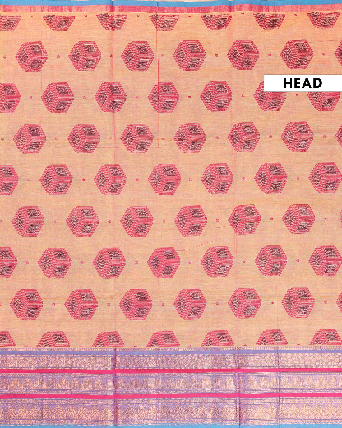 Handloom Cotton Saree with Geometric and Striped Weave - Orange