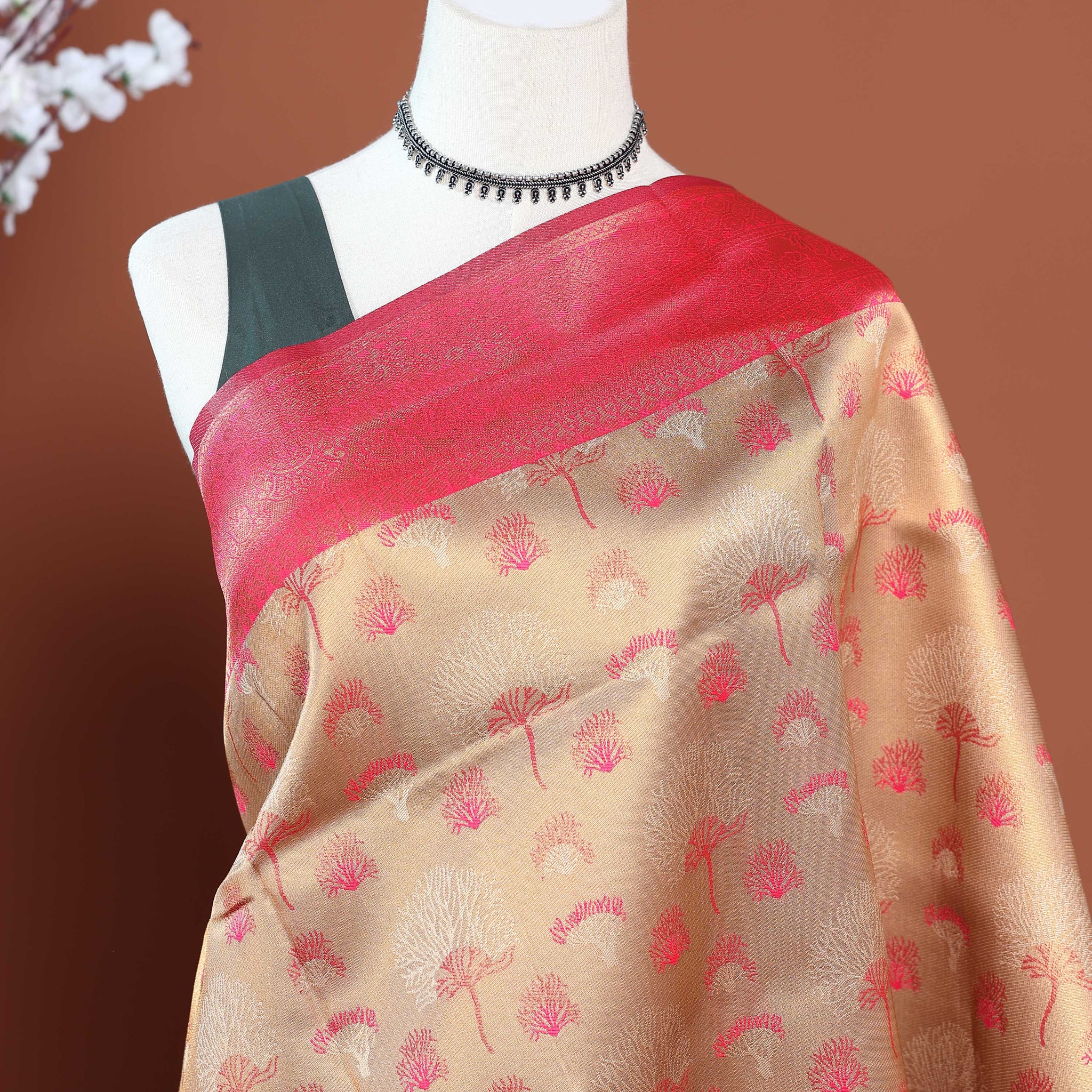Exquisite Litchi Silk Saree with Intricate Woven Motifs - Sandal