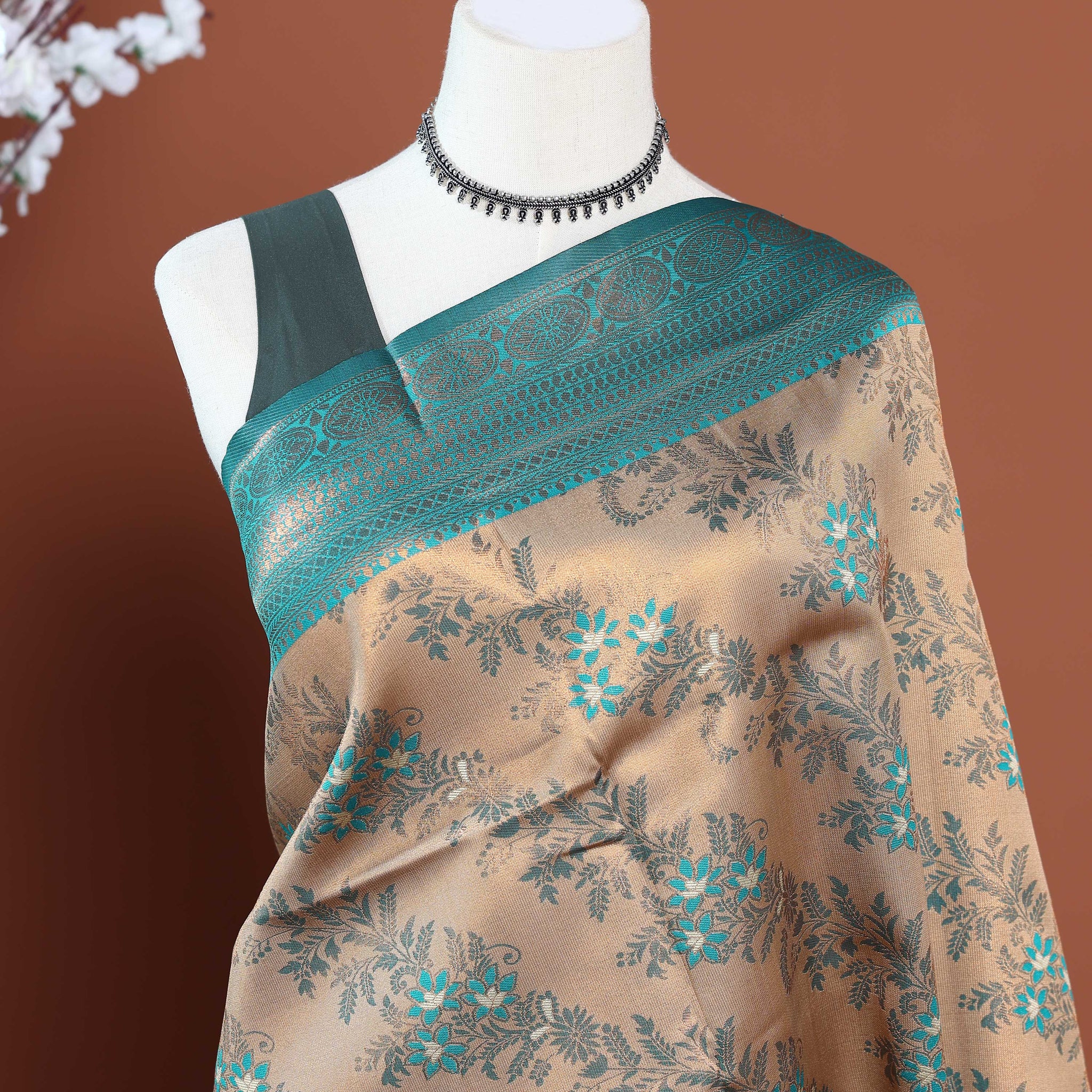 Exquisite Zari Woven Floral Motif Silk Saree with Intricate Border Design - Sandal