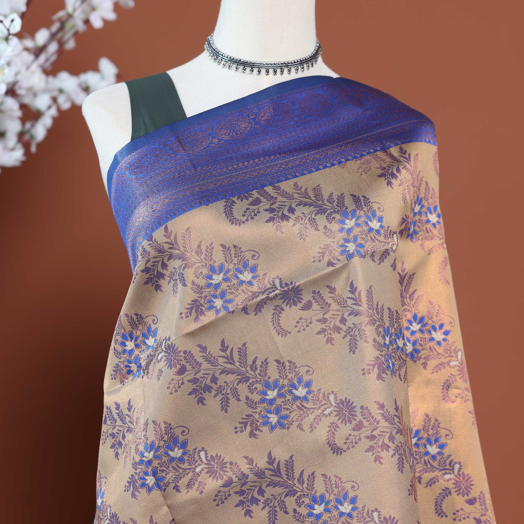 Exquisite Zari Woven Floral Motif Silk Saree with Intricate Border Design - Sandal