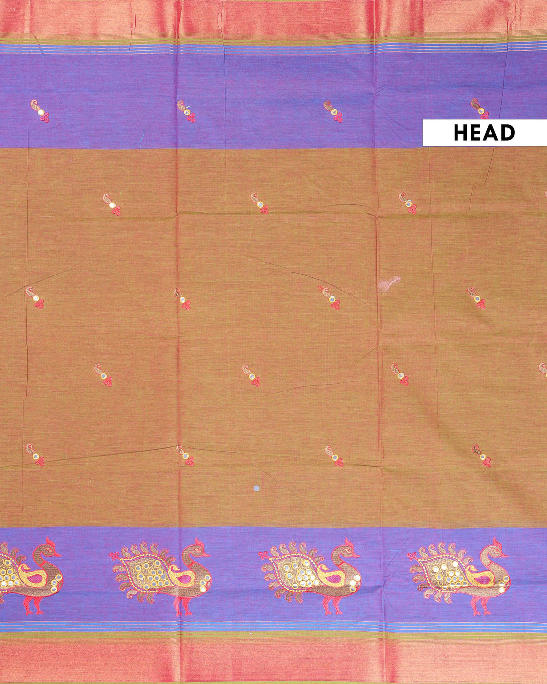 Handloom Cotton Saree with Peacock Embroidery - Double Shade