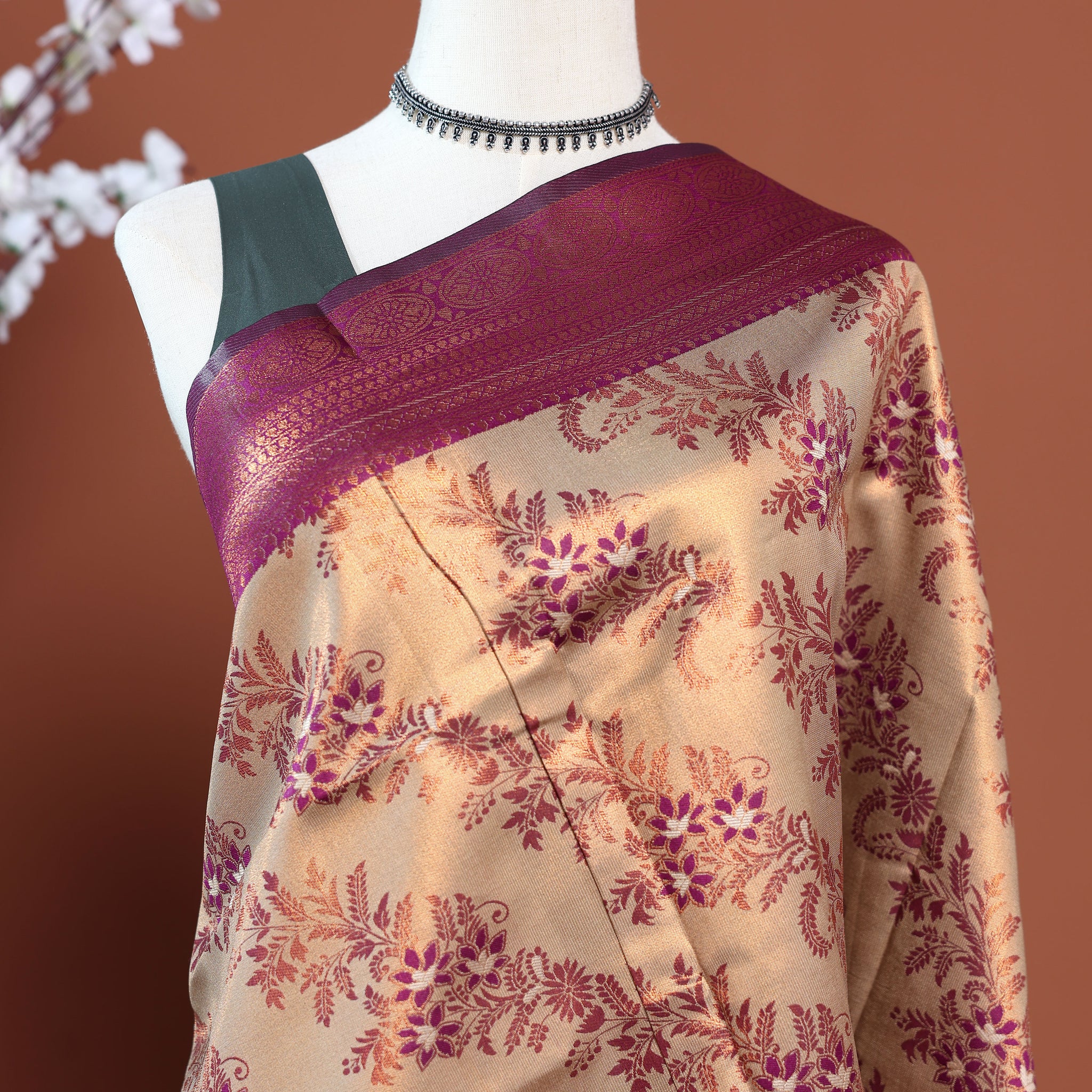 Exquisite Zari Woven Floral Motif Silk Saree with Intricate Border Design - Sandal