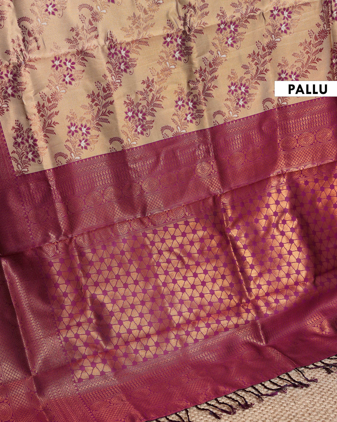 Exquisite Zari Woven Floral Motif Silk Saree with Intricate Border Design - Sandal