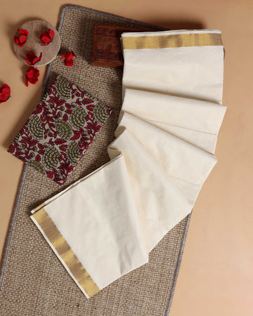 Traditional Kerala Kasavu Cotton Saree with Zari Border and Printed Blouse Piece - Off White