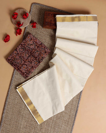 Traditional Kerala Kasavu Cotton Saree with Zari Border and Printed Blouse Piece - Off White
