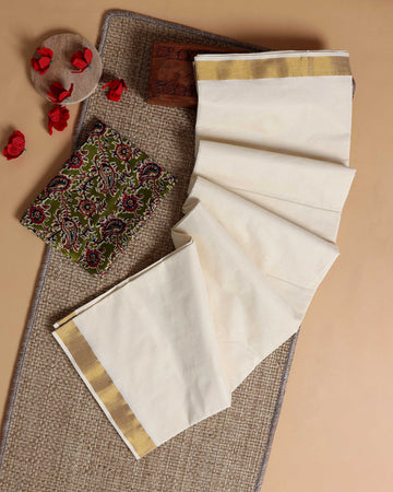 Traditional Kerala Kasavu Cotton Saree with Zari Border and Printed Blouse Piece - Off White