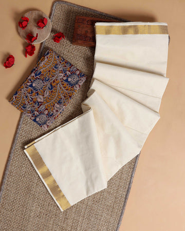 Traditional Kerala Kasavu Cotton Saree with Zari Border and Printed Blouse Piece - Off White