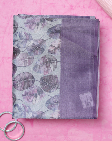 Fancy Silk Saree with Subtle Leaf Motifs and Textured Border - Grey