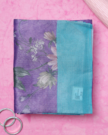Fancy Silk Saree With Bold Floral Prints And Woven Design - Purple