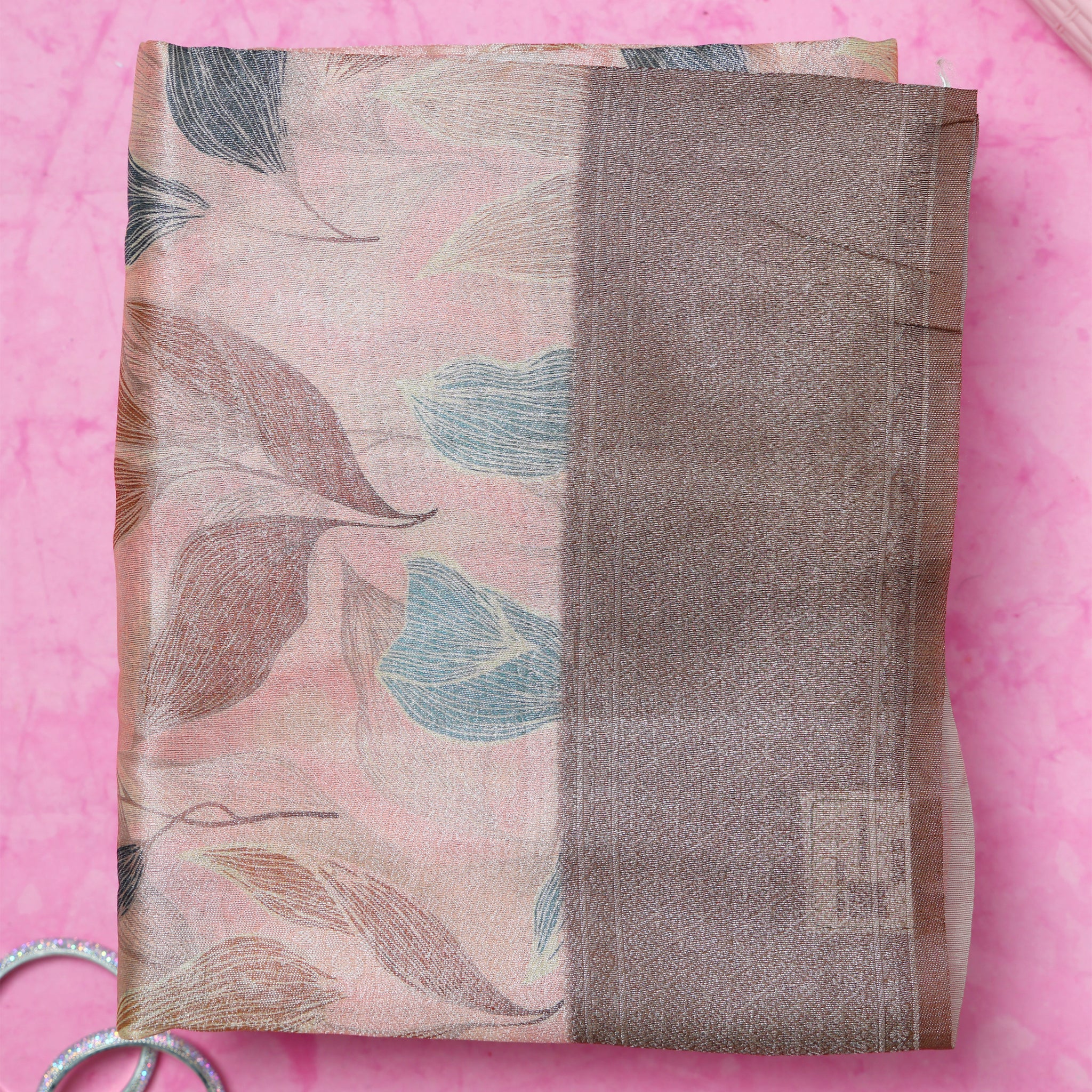 Fancy Silk Saree with Subtle Leaf Motifs and Textured Border - Pink