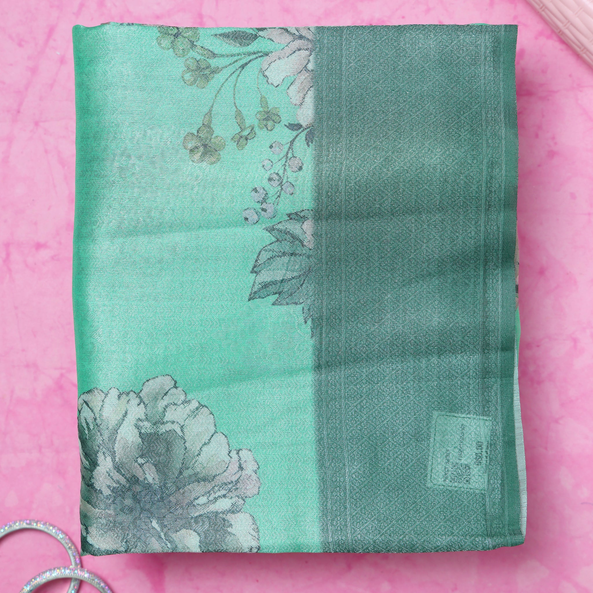 Fancy Silk Saree With Bold Floral Prints And Woven Design - Green