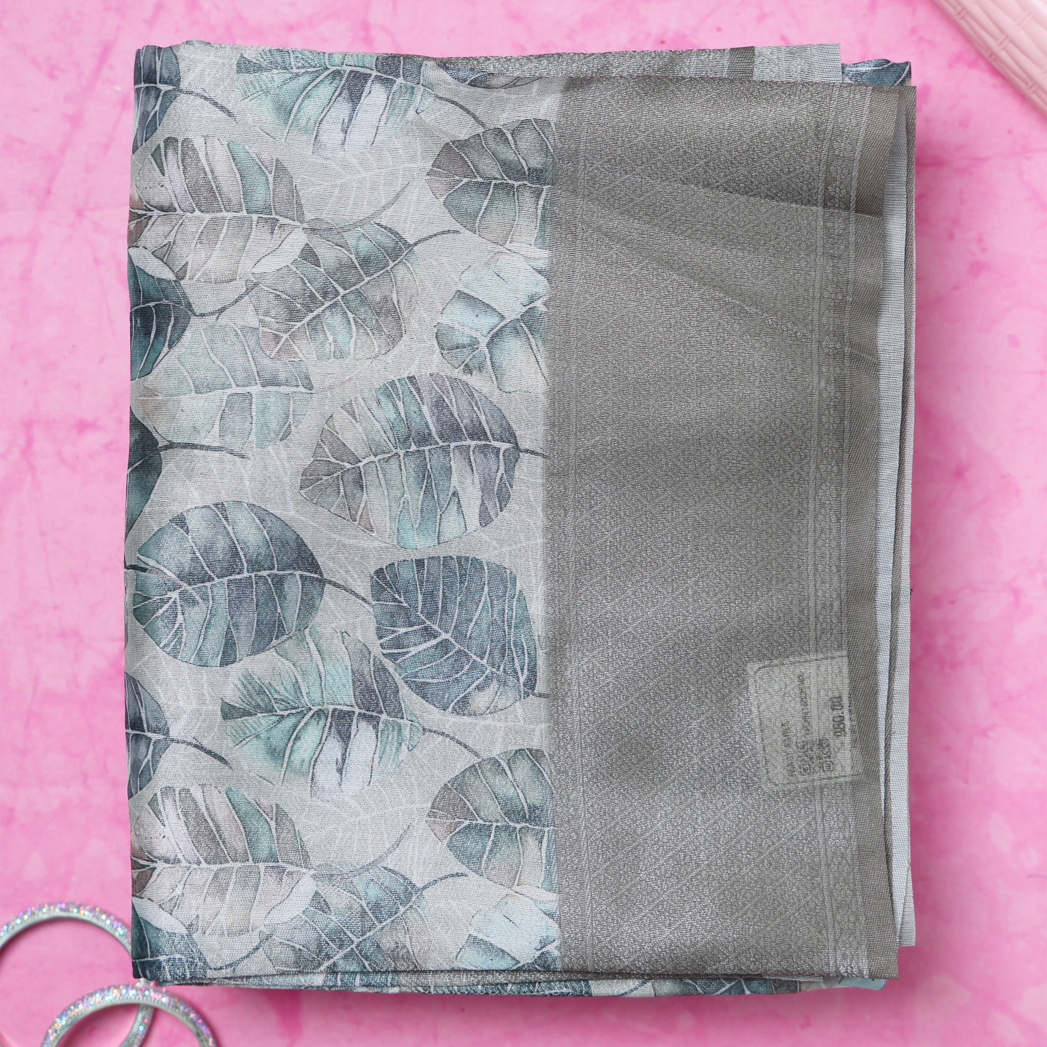 Fancy Silk Saree with Subtle Leaf Motifs and Textured Border - Grey