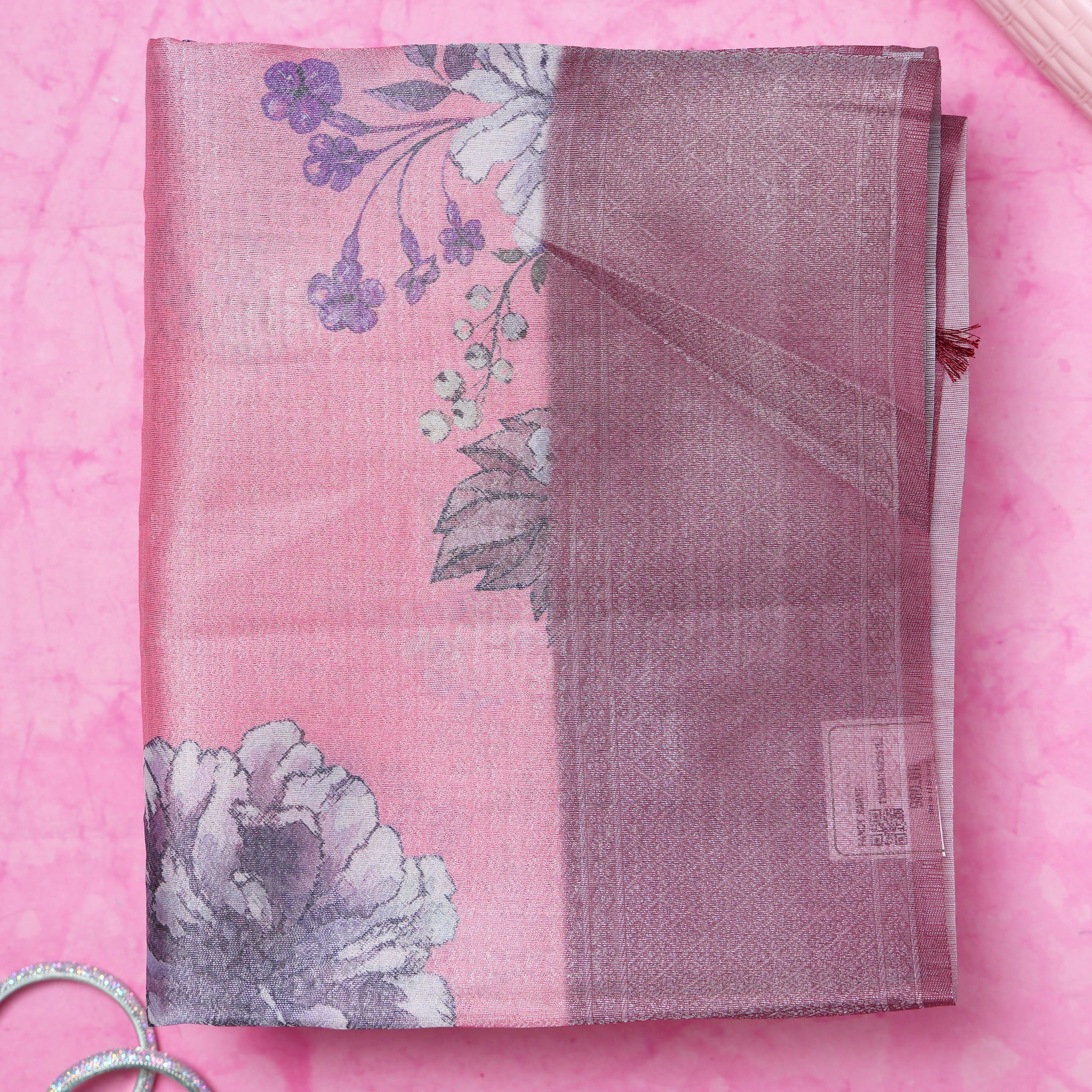 Fancy Silk Saree With Bold Floral Prints And Woven Design - Pink