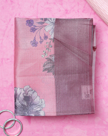 Fancy Silk Saree With Bold Floral Prints And Woven Design - Pink