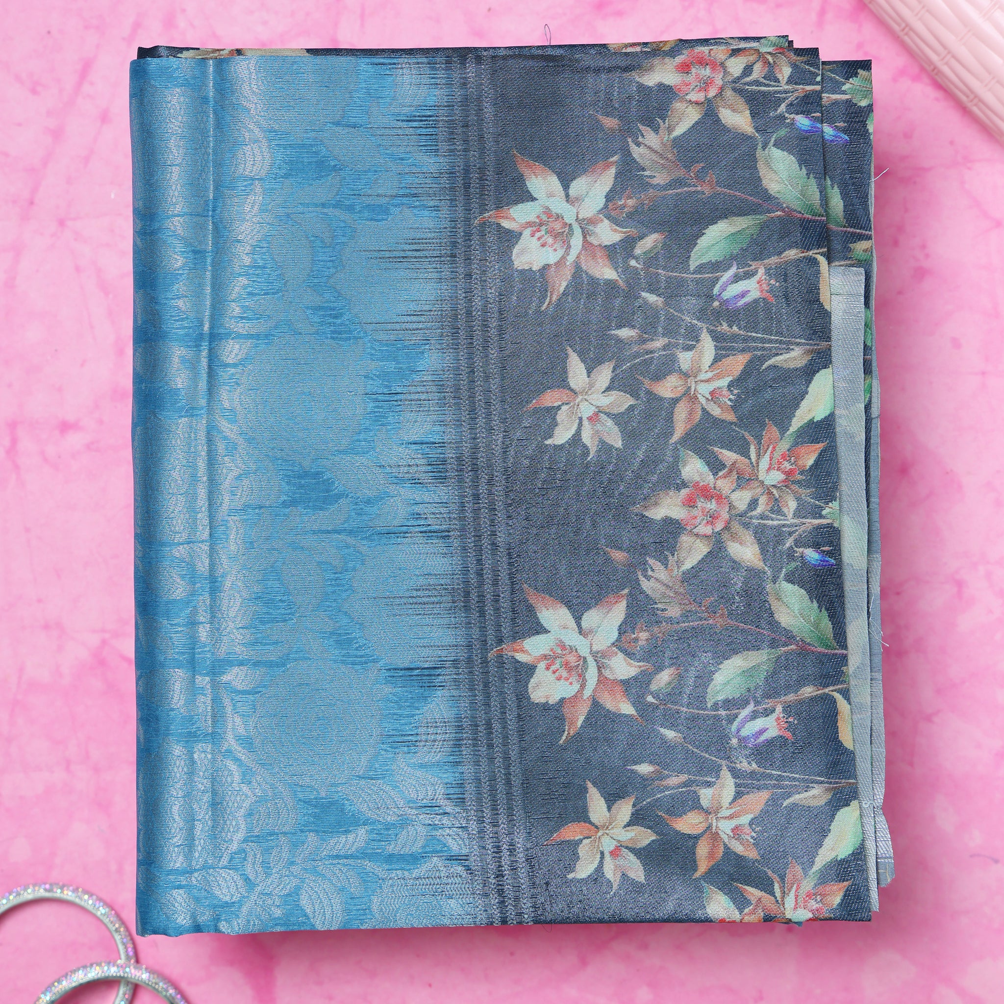Fancy Silk Saree With Subtle Floral Print And Textured Pallu - Blue
