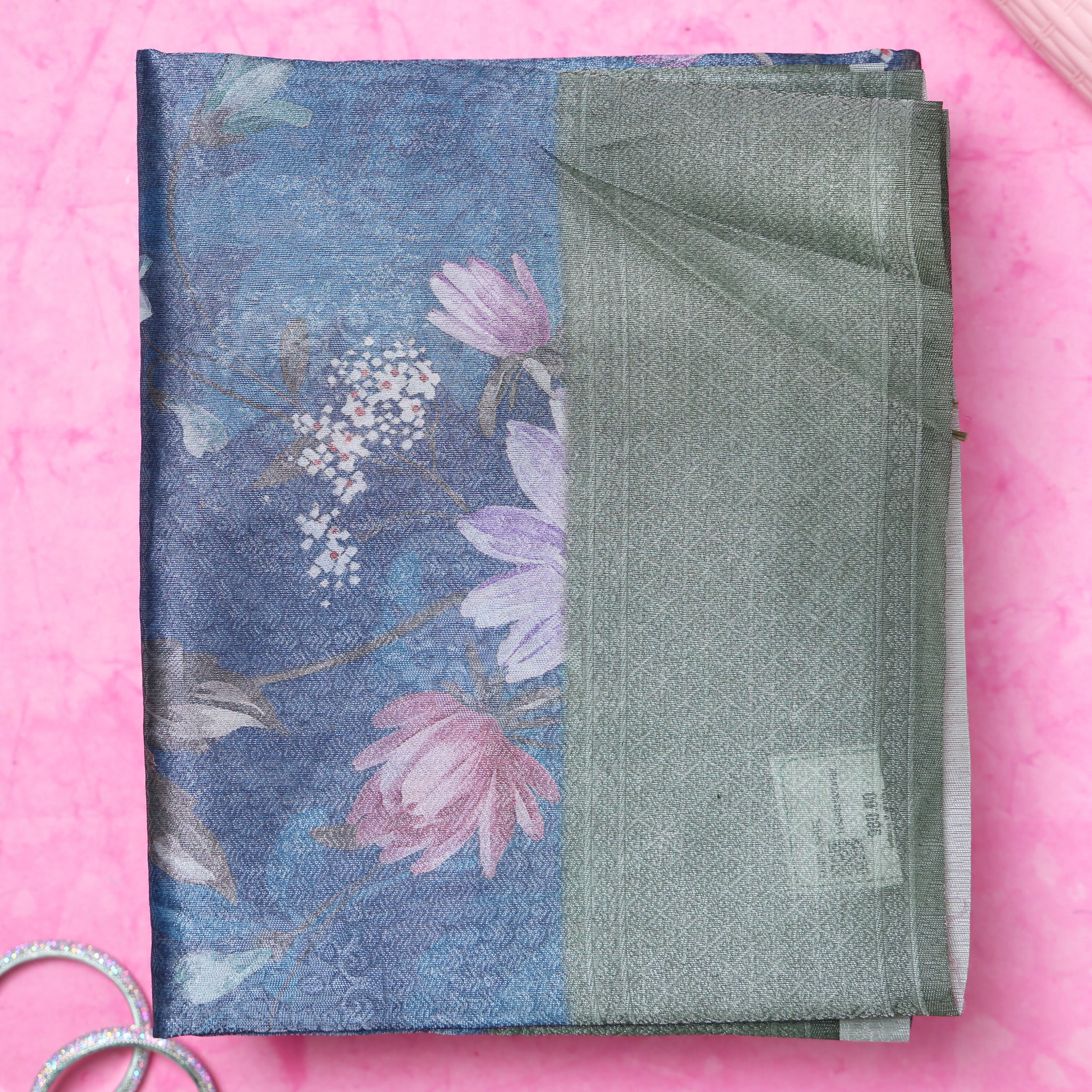 Fancy Silk Saree With Bold Floral Prints And Woven Design - Blue