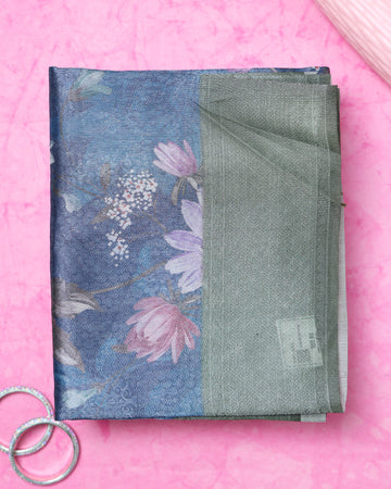Fancy Silk Saree With Bold Floral Prints And Woven Design - Blue