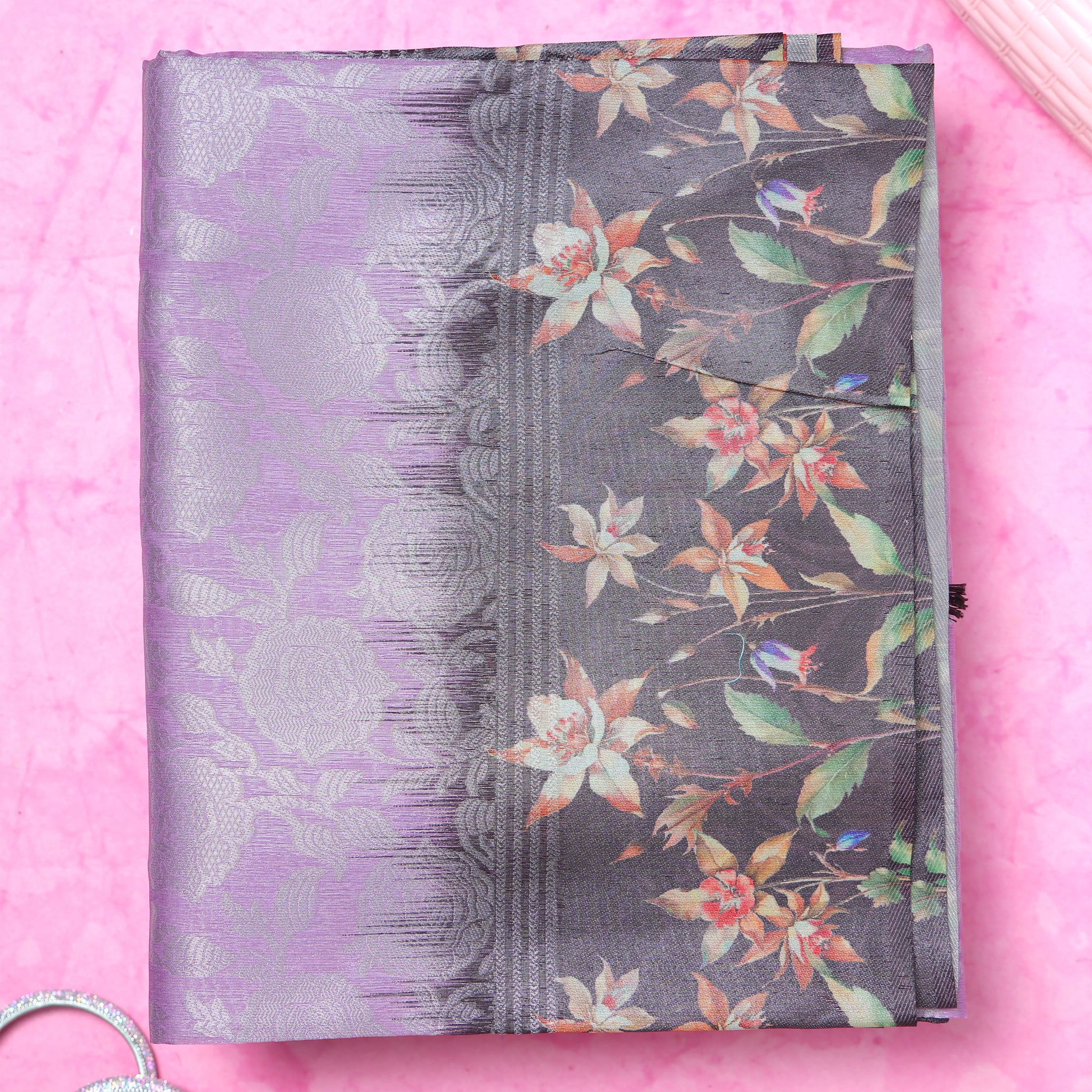 Fancy Silk Saree With Subtle Floral Print And Textured Pallu - Lavender