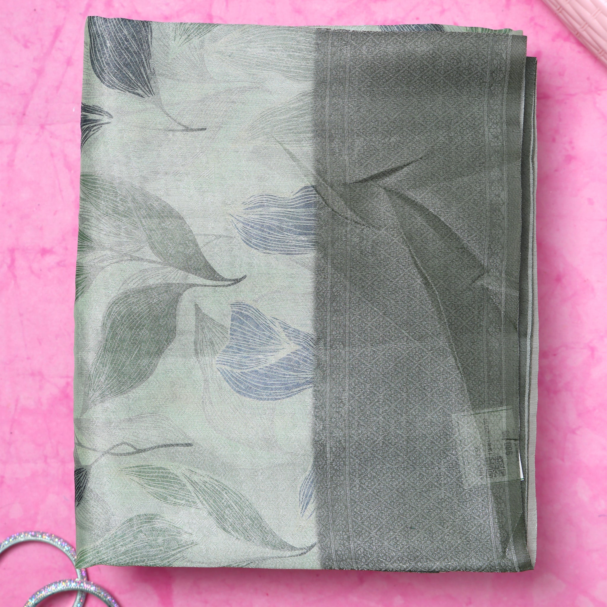 Fancy Silk Saree with Subtle Leaf Motifs And Textured Border - Green