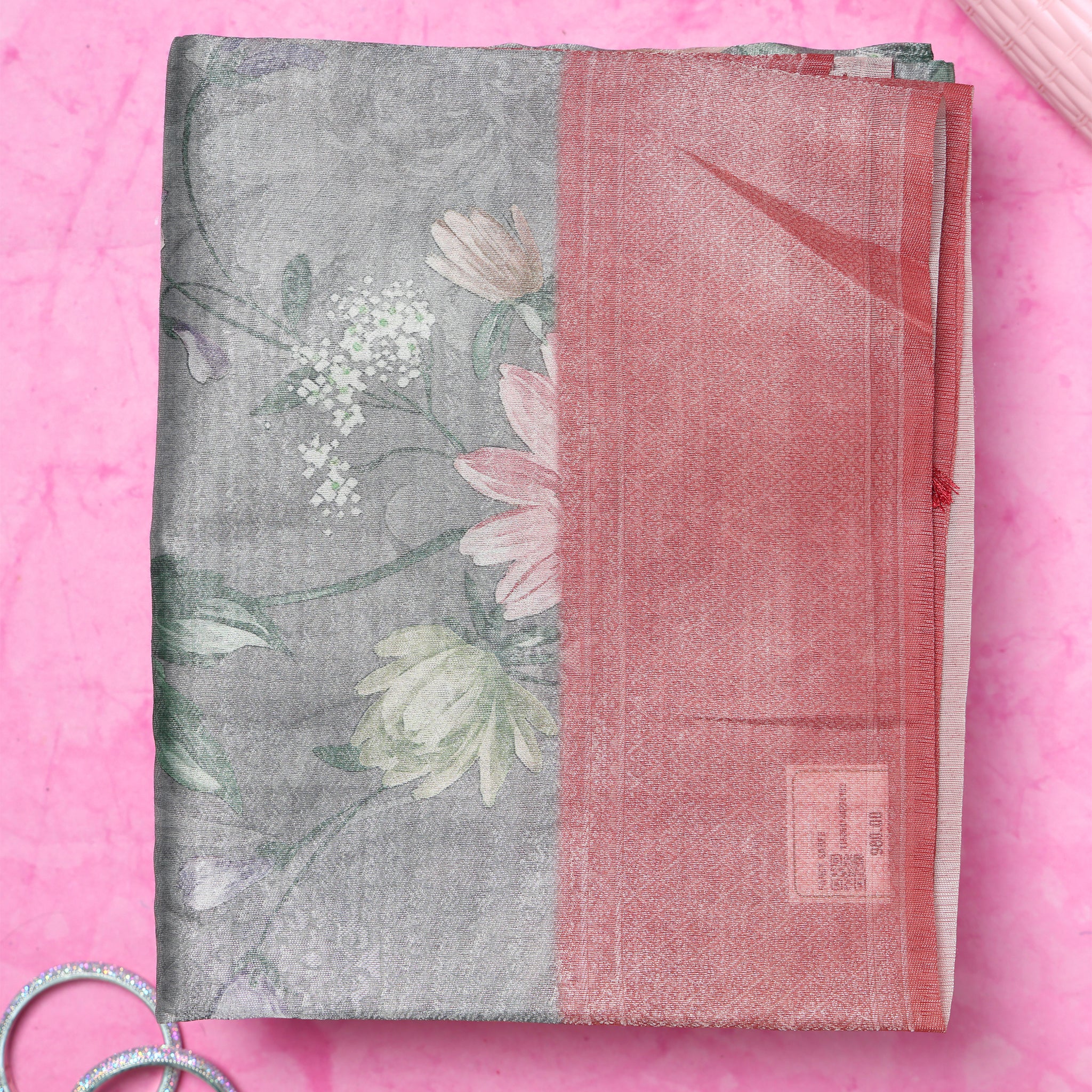 Fancy Silk Saree With Bold Floral Prints And Woven Design - Grey