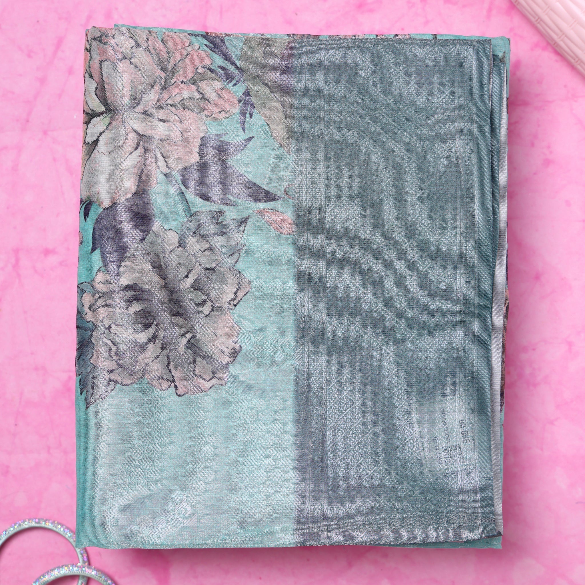Fancy Silk Saree With Bold Floral Prints And Woven Design - Blue