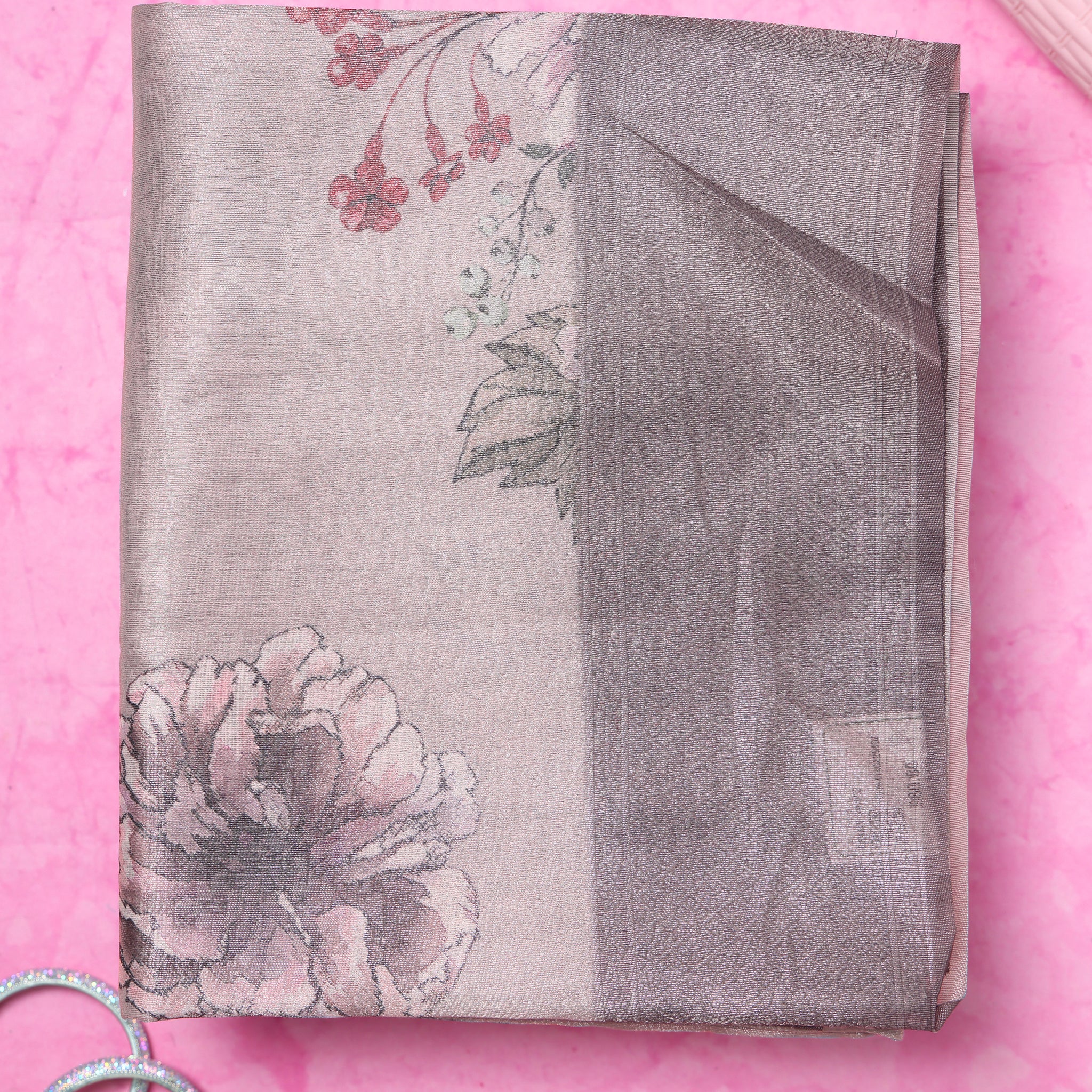 Fancy Silk Saree With Bold Floral Prints And Woven Design - Grey