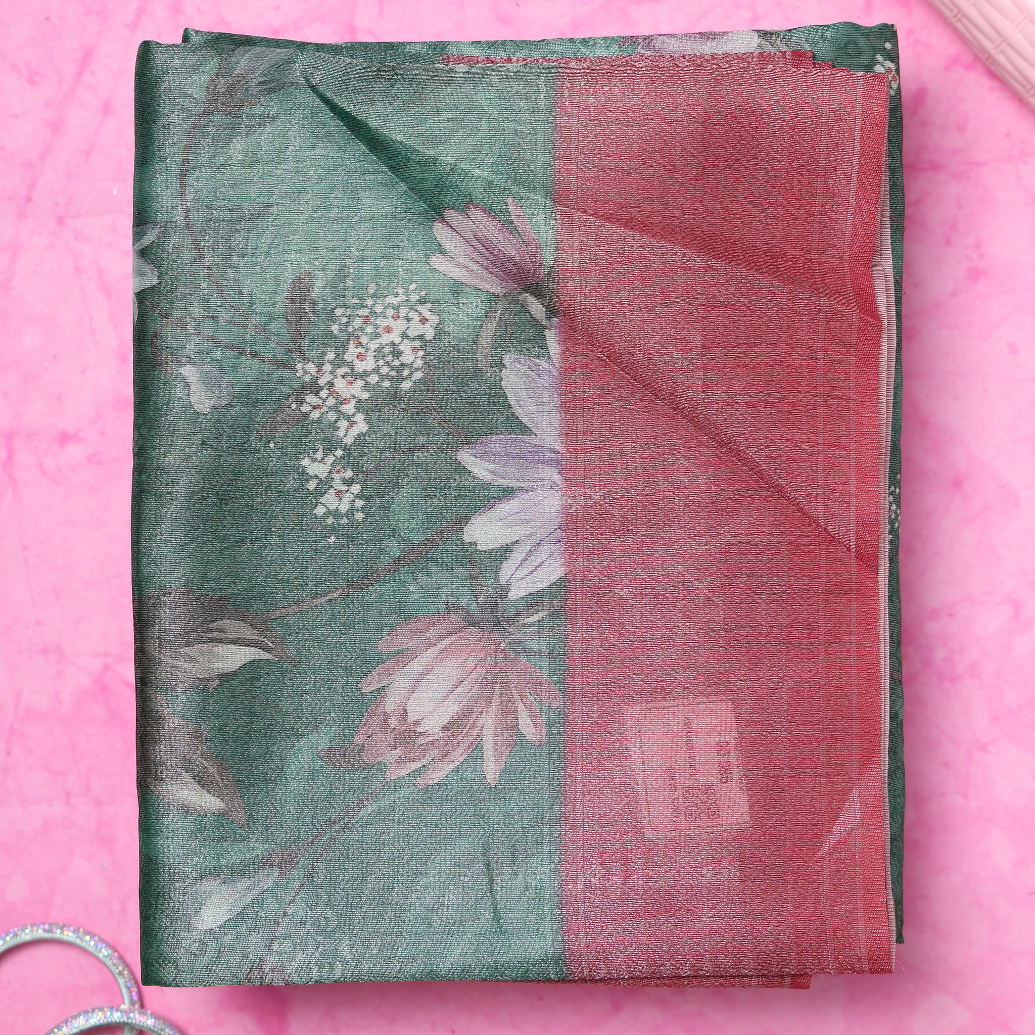 Fancy Silk Saree With Bold Floral Prints And Woven Design - Green