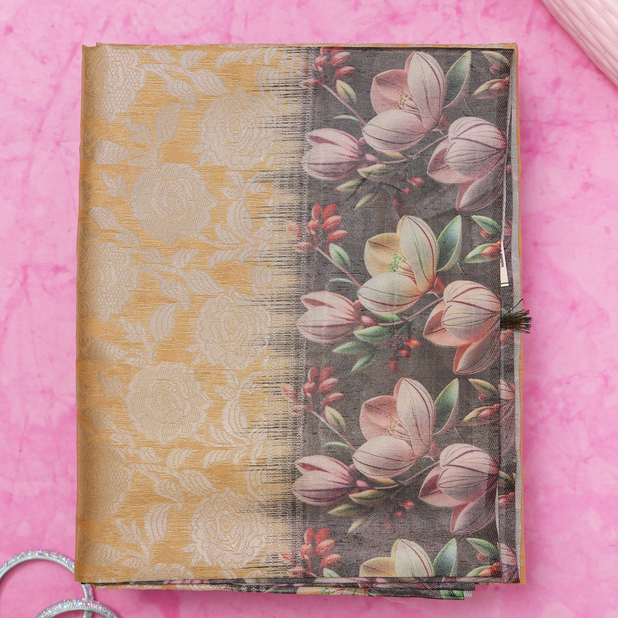 Fancy Silk Saree With Subtle Floral Print And Textured Pallu - Yellow