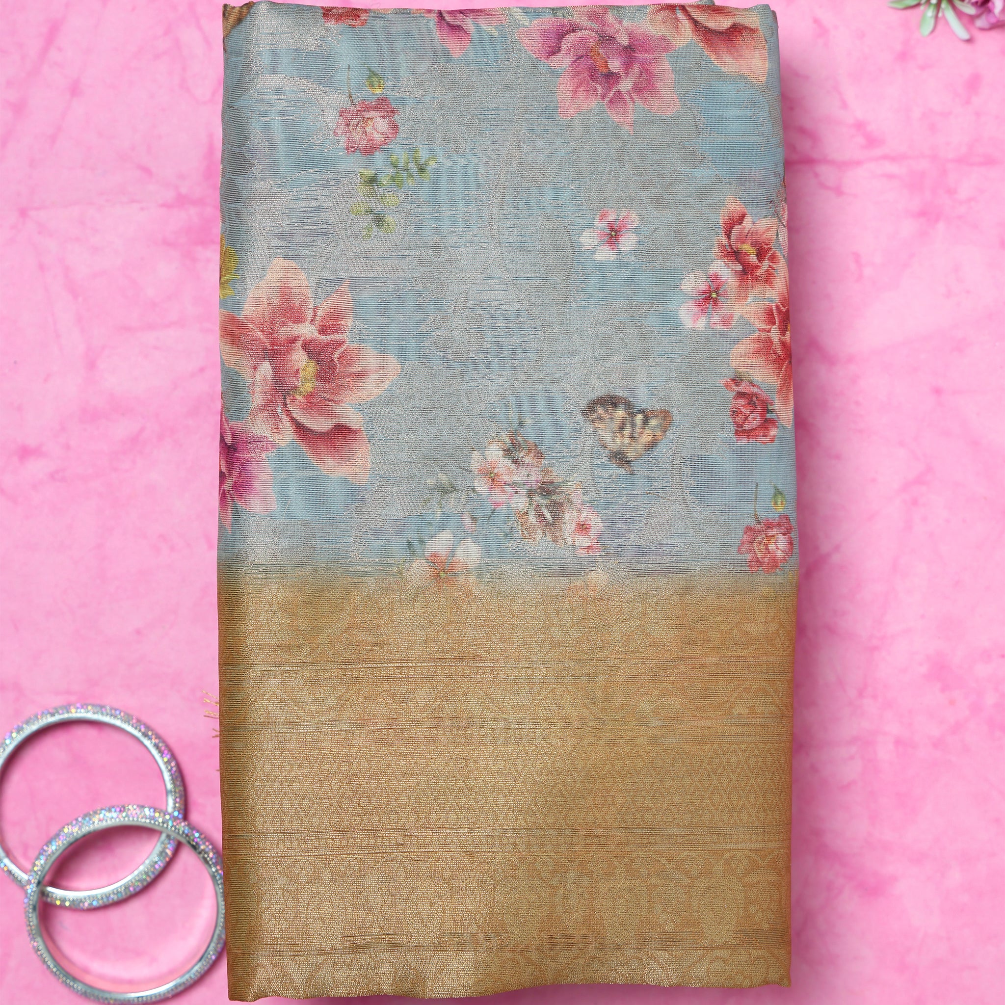 Floral Fancy Silk Saree with Contrast Zari Border -Grey