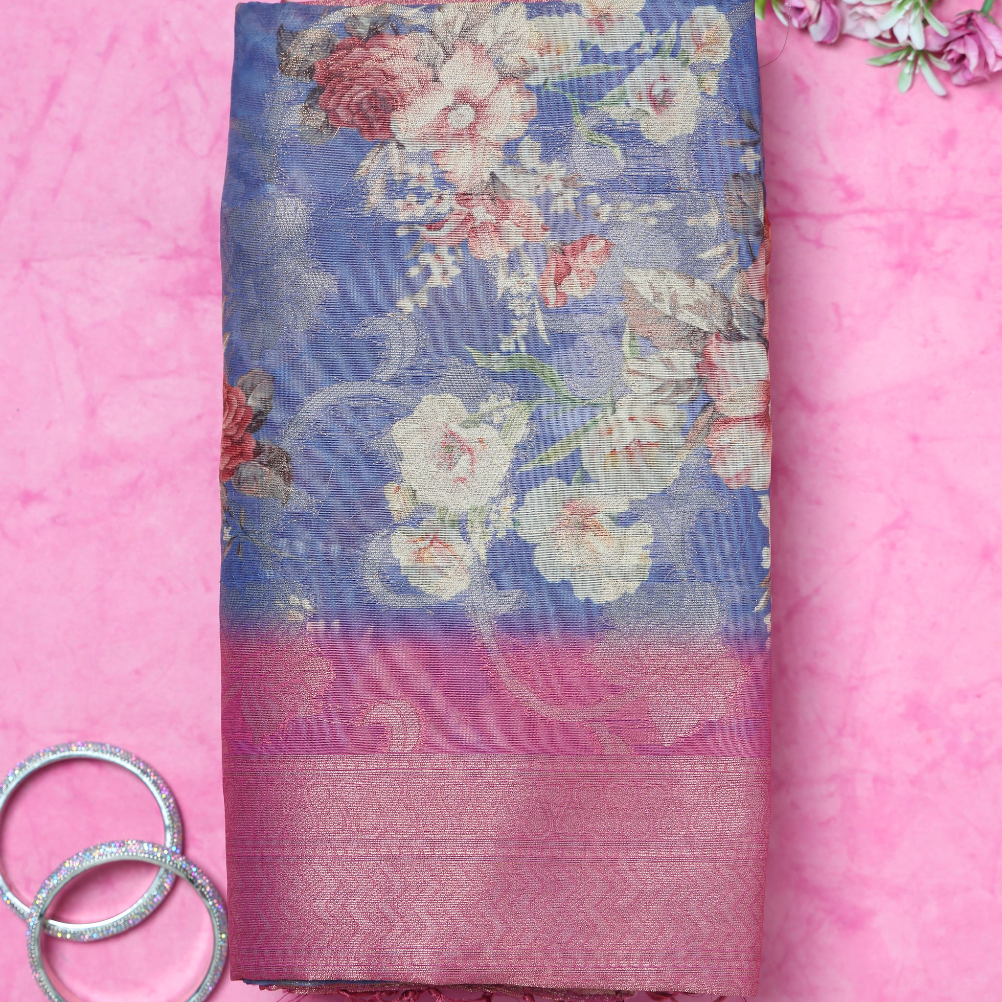 Floral Fancy Silk Saree with Contrast Zari Border - Blue