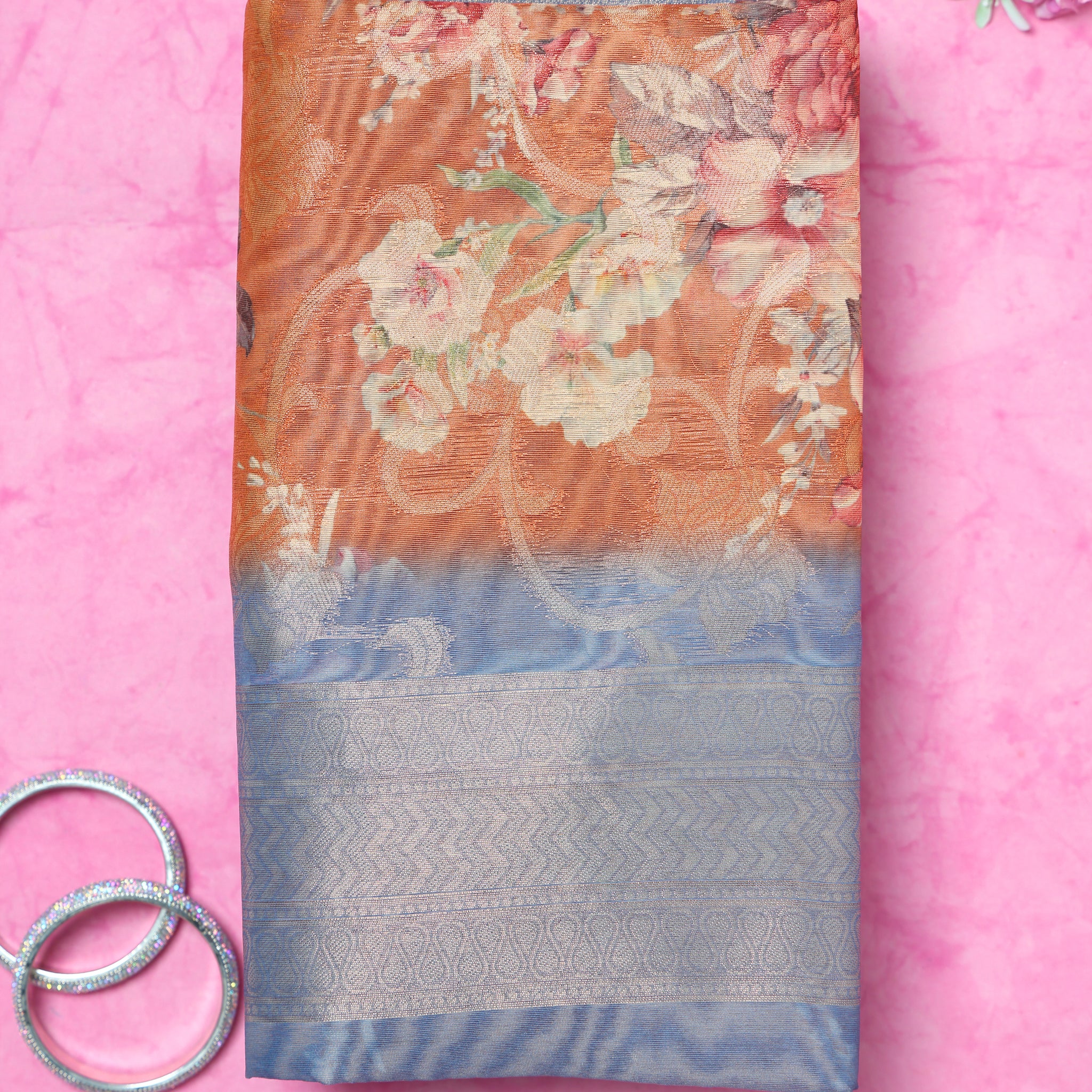 Floral Fancy Silk Saree with Contrast Zari Border- Brown