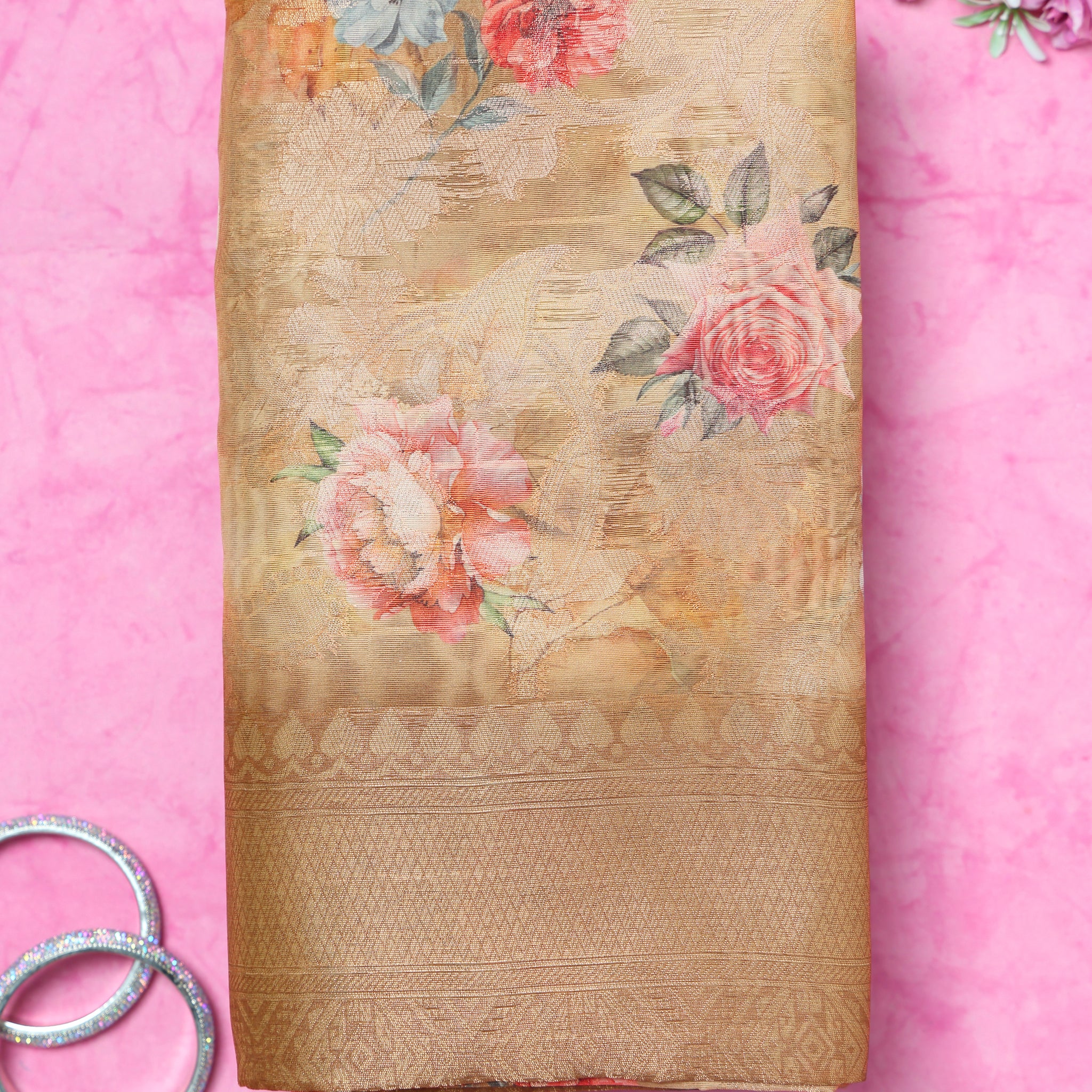 Floral Fancy Silk Saree with Contrast Zari Border - Gold
