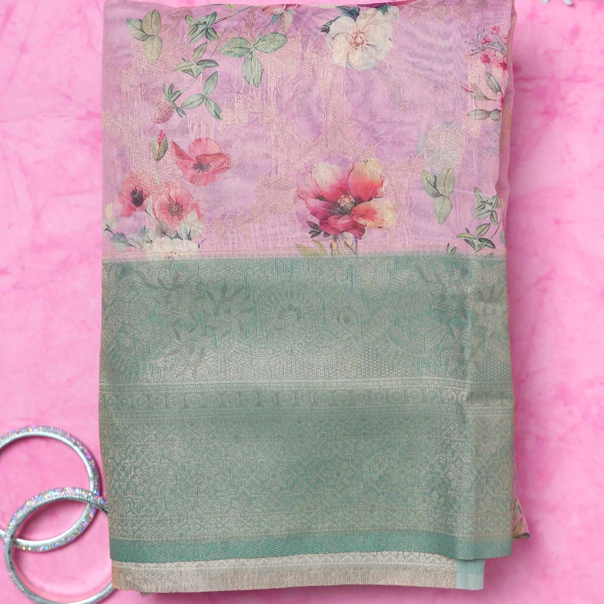 Floral Fancy Silk Saree with Contrast Zari Border - Pink