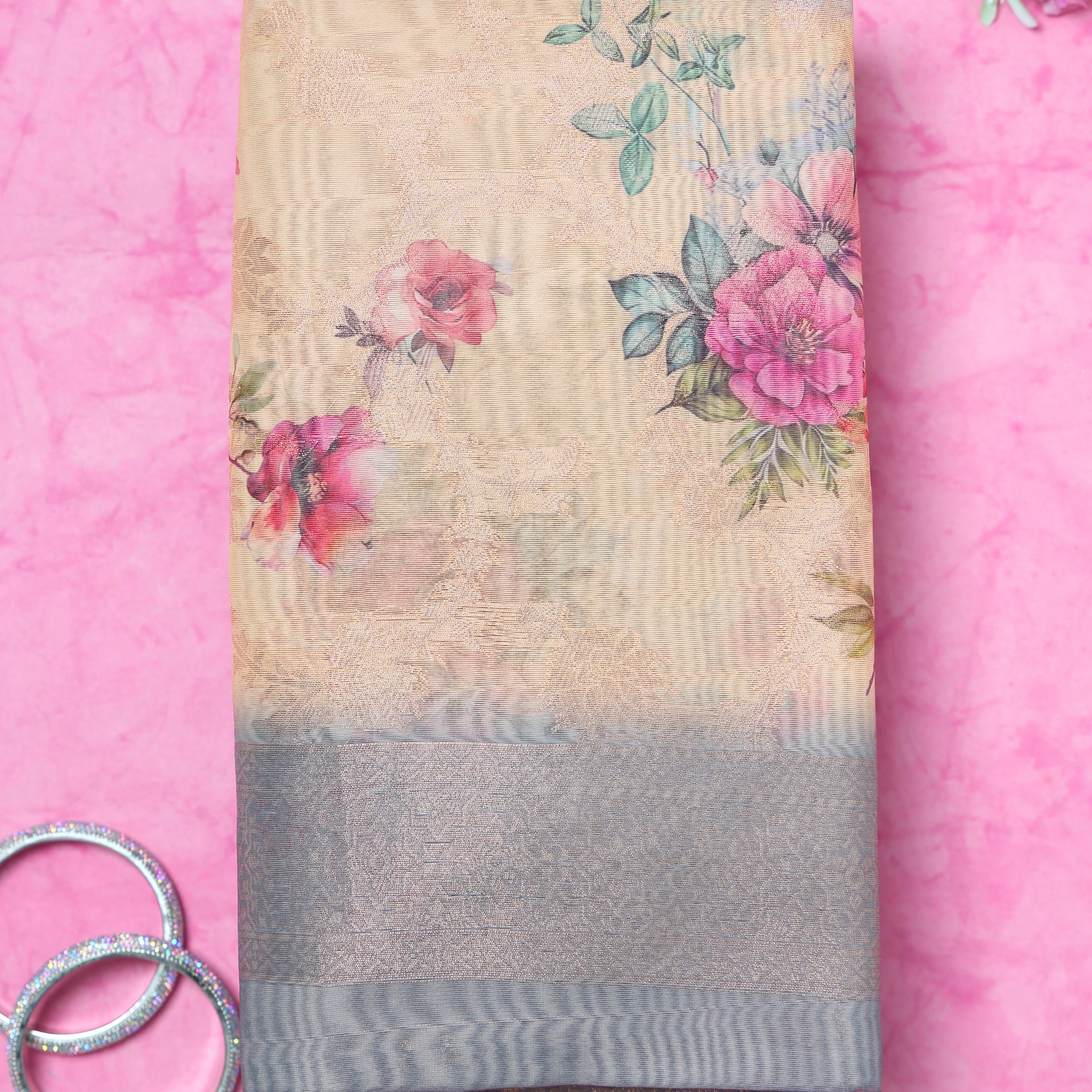 Floral Fancy Silk Saree with Contrast Zari Border - Sandal
