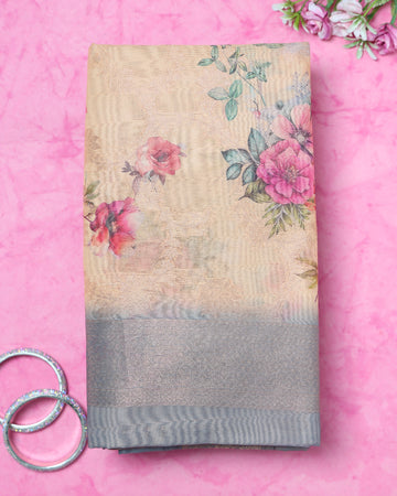 Floral Fancy Silk Saree with Contrast Zari Border - Sandal
