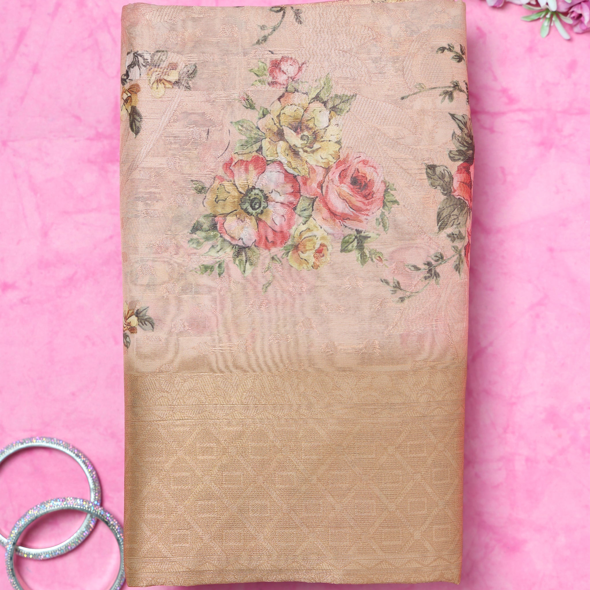 Floral Fancy Silk Saree with Contrast Zari Border - Beige
