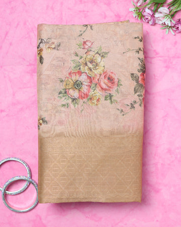 Floral Fancy Silk Saree with Contrast Zari Border - Beige