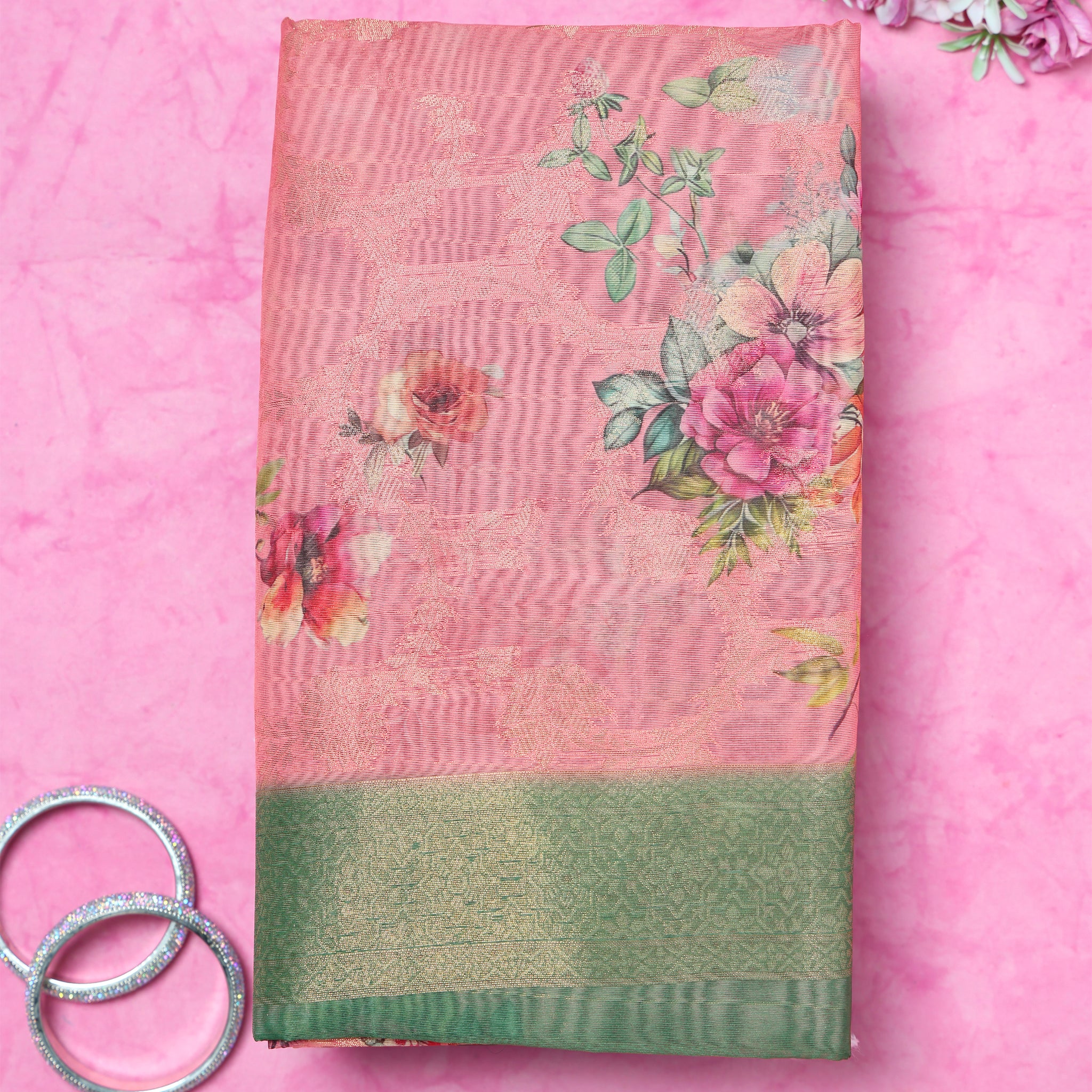 Floral Fancy Silk Saree with Contrast Zari Border - Pink